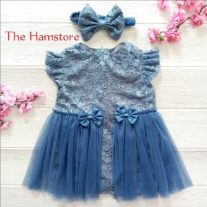 Dress Gaun Pesta Bayi  Perempuan 1 Tahun Brukat Tile Free Bando Pita Biru Denim Jahitan Tailor