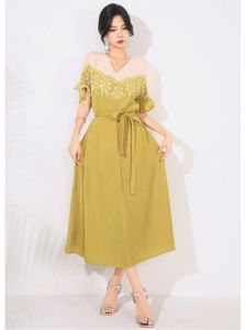 Miyake High-End Ruched Print V-Neck Flared Sleeve Dress for Women with Design Sense Tie Waist Slimming Long Dress # 20252164