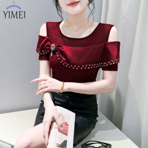 Yimei 2024 Áo thun trễ vai nữ ngắn tay lưới gợi cảm thiết kế mới có viền gấp