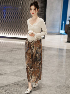 MIUCO High Waist Straight Cut Midi Skirt for plus Size Women Colorful Shiny Sequin Embroidery Office Commute OL Style