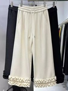 Quần Ống Rộng Dày Lót Lông Cừu Cho Nữ Quần Ống Đứng Rộng Rãi Eo Cao Dài Mùa Thu Đông Màu Trơn Quần Dài