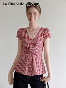 La Chapelle | Red Vintage Check Short Sleeve Summer V-Neck Peplum Shirt