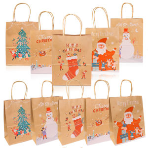 5Pcs Christmas Kraft Paper Handbags Santa Snowman Elk Printed Gift Bags Candy Cookie Packaging Pouches Xmas Party Decor
