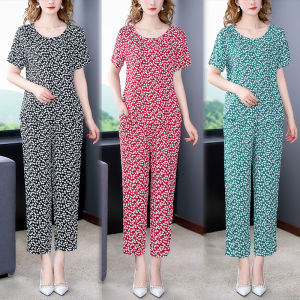 Bộ Đồ Ngủ Vải Lụa Cotton Mùa Hè Cho Nữ Dáng Rộng Tay Ngắn Quần Dài Mặc Nhà Thoải Mái Thoáng Khí Hai Mảnh