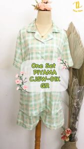 Set Piyama Katun Import Motif Kotak-Cetak Hijau Ukuran S/M/L/XL