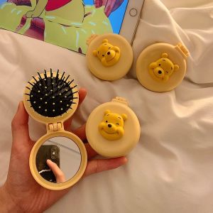 Cute Winnie the Pooh Mini Folding Comb Portable Mirror Integrated Airbag Comb for Girls Personal Hygiene Hair Care Tool