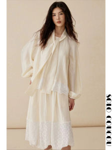 เสื้อเชิ้ตแขนยาวลายปักสีเหลืองสไตล์ฝรั่งเศส Original Design SoloCoucou พร้อมเข็มขัดและกระโปรงทรงเอ