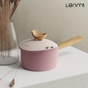 Lanmi | LANMI 18cm Health Ceramic Coating Pink Small Milk Pot with Drain Lid Cooking Pots with Scale Pot Easy To Clean for Home