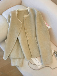 PAIBOLI | Fashion Double-faced Wool Coat Lace Trim Round Neck Blouse