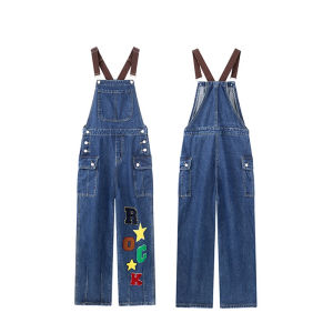 Womens Summer Thin Denim Overalls High Waist Wide Leg Floor Length American Retro Design Embroidered Towel Strap Pants