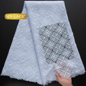 SJD LACE African Nigerian White Guipure Cord Lace Fabrics 5Yards 2025 New African Water Soluble Lace For Women Party Dress 4483