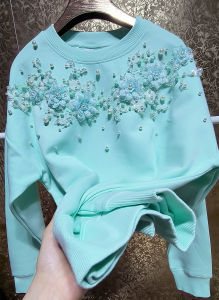 Glittering Cotton plus Size Sweatshirt Princess Style round Neck Long Sleeve Embroidered Beaded Shiny Pure Color Hoodie