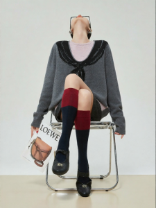 XIAODADEHUA | Lace-Up Printed Long Sleeve Knitwear Loose Fit