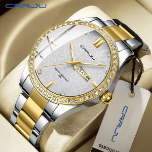 CRRJU Men Watch Moissanite Diamond Luxury Brand Golden Dial Watches with Stainless Steel Band with Luminous 5008