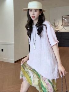 YUEZHONGWEI | Bộ Áo cổ tròn màu hồng & Chân váy eo cao