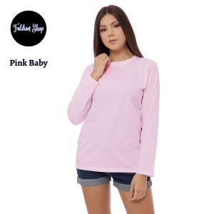 Kaos Polos Wanita Oneck Lengan Panjang Bahan Katun Combed 30s Warna Pink Baby