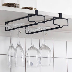 Non perforated inverted iron hanging high footed red wine cup holder home bar hanging glass storage rack glass organizer
