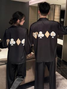 Luxurious Ice Silk Print Pajamas Couple Set Long Sleeve Thin Home Clothes Spring Autumn Men Women Home Comfortable Sleepwear