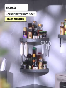 Ecoco Bathroom Shelf Organizer Space Aluminum Corner Shelves with Hooks Shower Storage Rack Screw Installation