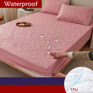 Quilted 100% Waterproof Fitted Sheet with Elastic Queen King Size Mattress Protector Solid Bed Cover( Pillowcase Need Order)