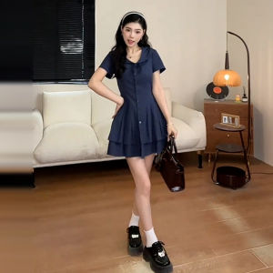 QINWEIYU | Korean College Style Sweet Dress High Waist A-Line Short Skirt Doll Collar Womens Fashion Summer New Arrival Short Dress