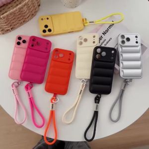 Soft Down Jacket Silicone Case For iPhone 17 16 15 14 13 12 11 Pro Max Plus Air Shockproof Camera Protection Wrist Strap Cover