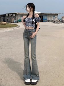 Quần Jeans Denim Ống Loe Cạp Cao Phong Cách Mỹ Cho Nữ Quần Ống Loe Thường Ngày Mùa Xuân Mùa Thu Quần Jeans Denim Co Giãn