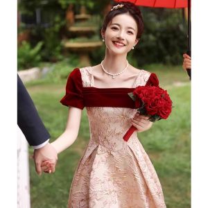 Wine Red Princess Style Wedding Dress Elegant Long Skirt Short Sleeve Zipper Design for Engagement And Wedding Ceremony