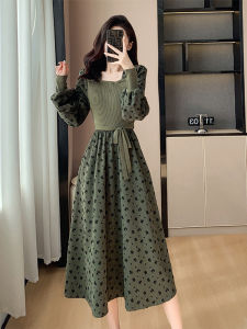 ชุดเดรสยาวคอเหลี่ยมสไตล์ฝรั่งเศส แขนพอง ผ้าถัก กระโปรงยาว ชุดสองชิ้นปลอม ชุดทำงานสไตล์เกาหลี ผ้าฝ้าย กระโปรงทรงเอ