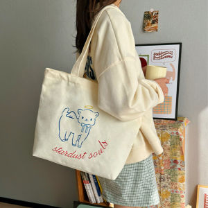 กระเป๋าผ้าใบผู้หญิงความจุขนาดใหญ่ฤดูใบไม้ร่วงและฤดูหนาวสไตล์เกาหลีน่ารักกระเป๋าสะพายไหล่แบบซิปปิดพร้อมกระเป๋าสะพายหนังสือเรียนสำหรับเยาวชน