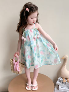 Fashionable Floral Print Girls Dress Korean Style mid Waist Strap Vestibule Skirt Breathable Moisture Wicking Machine Washable