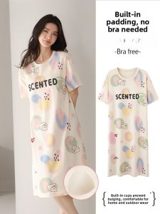 miiow | Pure Cotton Short Sleeve Sleep Dress With Chest Pad Womens Thin Summer Home Clothes Cat Person New 2025 Style Youth Suitable