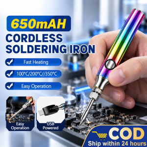 Cordless soldering iron with 650mAh battery fast heating temperature range 100°C/200°C/350°C easy operation USB powered suitable for electronics repair.