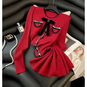 Christmas Cheerful Red Knitted Dress Slimming Outerwear Base Layer Sweater Dress Autumn Winter New Style Commute Simple Style