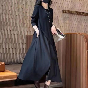 Fashionable High Waist A-Line Midi Dress French Design Spring Autumn Womens Clothing Commuter Style round Neck Long Sleeve