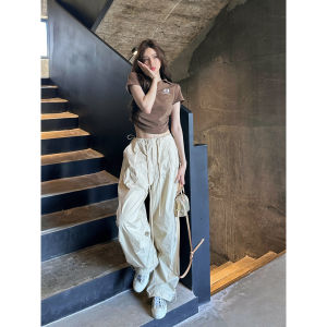 Summer American Retro Bella Style Loose Slim Straight Leg Trousers Paper Bag Workwear Pants Thin Model Parachute Streetwear