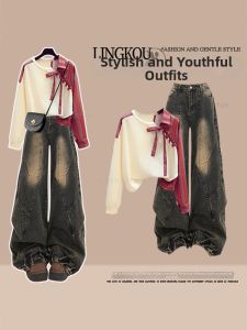 NUMEN BUTTON | Large Size Unique Fall Outfit Vintage Denim Pants Set