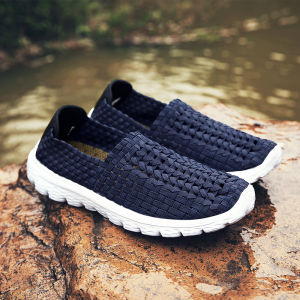 Mens Breathable Sports Sandals Summer 2025 Casual Slip-On Lazy Shoes Woven Beach Shoes Flat Heel round Toe Outdoor Leisure Footwear