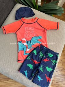 Boy Split Swimsuit Short Sleeve Shorts Swimming Cap Three-Piece Set Small and Medium Size Infants Baby Student Anti-Sunburn Beach Swimsuit