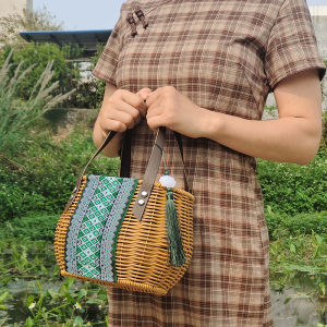 Retro Wicker Handbag Chinese Style Tea Set Storage Bag Versatile Qipao Match Tea Tools Organizer Natural Fiber Basket