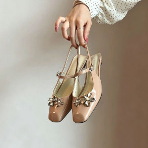 FANGXI | French Flower Rhinestone Heel Sandals Square Toe Coarse Heel Ankle Strap