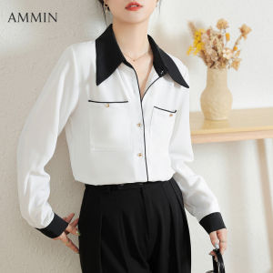 Ammin thời trang phong cách Hàn Quốc khí cổ áo pha màu tay áo dài khí trắng Áo sơ mi cho phụ nữ