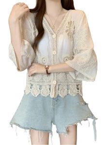 YINGXIYUE | Sun Protection Lace Hollow V-Neck Summer Large Size Women French Luxury Style Cardigan