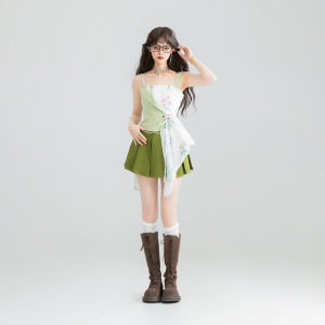 KEIKO Green Splice Design Womens Crop Top Summer 2025 Irregular Hemline Outerwear Fashion Set Polyester Material