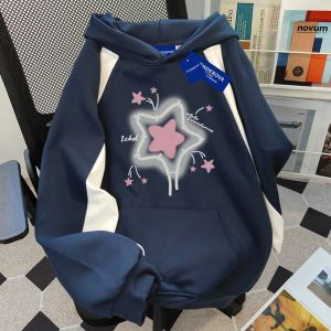 เสื้อสเวตเตอร์มีฮู้ดแบบมีฮู้ดแขนยาวสไตล์อเมริกันบางพิมพ์ลายดาวสำหรับผู้หญิงในฤดูใบไม้ร่วงและฤดูหนาว