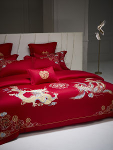 High-End Dragon and Phoenix New Wedding Celebration Four-Piece Set 100S Long-Staple Cotton Bright Red Pure Cotton All Cotton Wedding Wedding Wedding Quilt Bedding