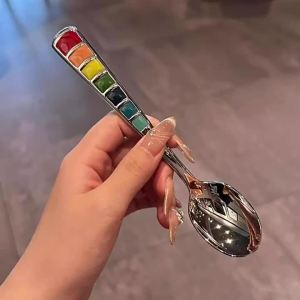 2Pcs Macaron Color Enamel Spoons Stainless Steel Dessert Tableware Rainbow Spoons for Tea Cakes and Puddings