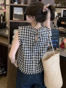 Pháp Thiết Kế Kẻ Caro Áo Sơ Mi Hở Lưng Cộc Tay Không Tay Nữ Thời Trang Mùa Hè Áo Rộng Rãi Loại Cổ Tròn Quần Áo Làm Việc Kiểu K Dài Ngắn