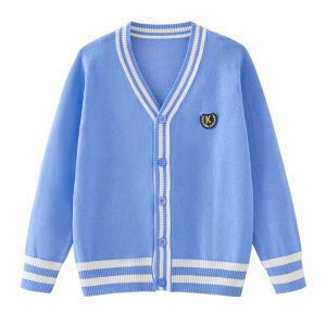 British Style V-Neck Knitted Cardigan Coat for Kindergarten And Primary School Children with Stripes Matching Top Cotton 100%