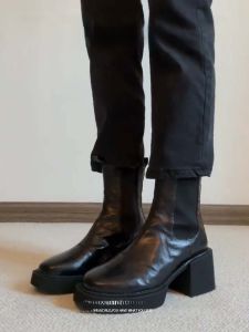 รองเท้าบูทเชลซีส้นสูงแบบย้อนยุคสำหรับผู้หญิง รองเท้าบูททรงสั้นแบบมีสายรัด ทรงหัวมน วัสดุหนังวัว รองเท้าบูทฤดูใบไม้ผลิและฤดูใบไม้ร่วง